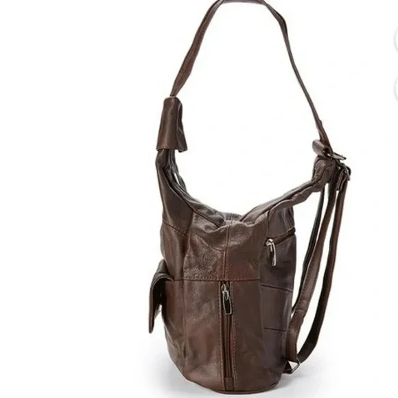 100% Leather Sling BOHO Travel/Every Day Backpack Brown - Picture 12 of 14